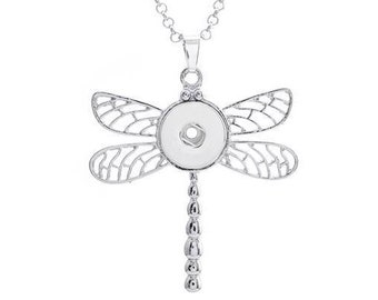 Dragonfly Snap Necklace, Dragonfly Snap Jewelry, Silvertone, 24" Chain.  Fits 18mm Ginger Snaps, Noosa, Magnolia & Vine and others, N7