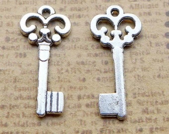 Skeleton Key Charm, 10mm x 21.5mm, Silvertone,  #32-26