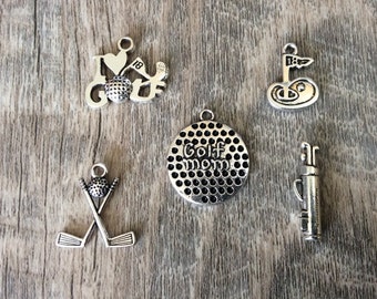 Golf Charms, Golf Mom Charm, Sports Charms, Silvertone, For Bracelet, Necklace, Earrings, Zipper Pull, Key Chain, Brooches, Bookmarks,  #21