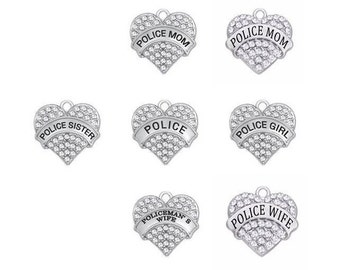 Police Rhinestone Heart Charm, Police Charm, Police Mom Charm, Police Sister Charm, Police Girl Charm, Policeman's Wife Charm, RC#2
