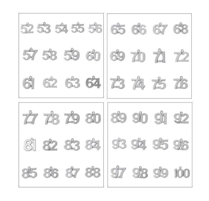 Number Charms, Stainless Steel or Alloy, Numeric Charms, Numbers 52 to 100, For Bracelet, Necklace, Earrings, Zipper Pull, Key Chain, #18-20 image 2