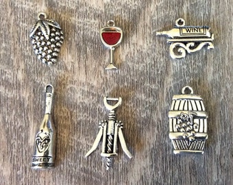 Wine Charms, Winery Charms, Grapes, Wine Glass, Red Wine Glass, Wine Bottle, Wine Barrel, Corkscrew, Wine Bottle Stand, Silvertone, #25