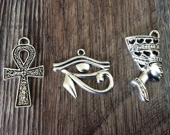 Egyptian Charms, Ankh Cross Charm, Eye of Horus Charm, Queen Nefertiti Charm, Ancient Egyptian Charms, Silvertone, #21