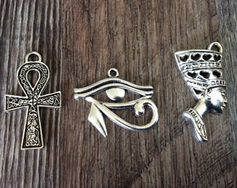 Egyptian Charms, Ankh Cross Charm, Eye of Horus Charm, Queen Nefertiti Charm, Ancient Egyptian Charms, Silvertone, #21