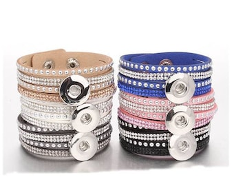 Snap Bracelet Rhinestones and Rivets Leather Snap Bracelet, 5 Colors, Fits 18-20mm Ginger Snaps, Noosa, Magnolia & Vine B24-A