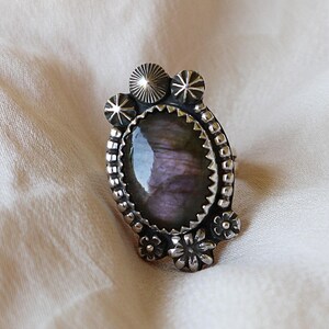 Sterling Silver 925 Labradorite Gemstone Free Form Unique One-Off Chunky Wide Band Ring Boho Style Dress Ring Handmade Unisex Statement Ring