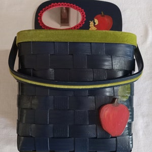 Basket Purse/Vintage Hand Decorated/Sighed Margaret L Burns/Navy Blue Red Apples/1960s Hobbyist Bag/Easter Purse