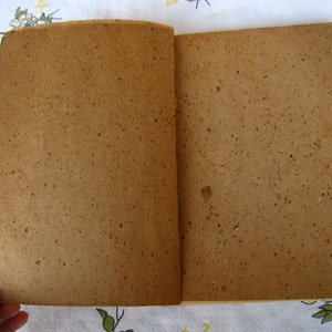 May include: An open book with two blank pages made of light brown, speckled paper. The paper has a textured appearance with darker brown flecks distributed across the surface. The edges of the pages appear slightly worn and uneven in texture.