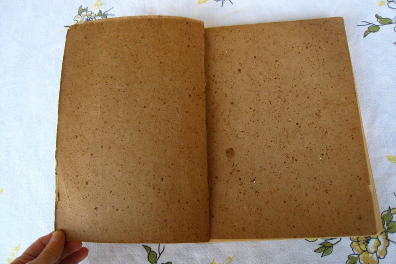 May include: An open book with two blank pages made of light brown, speckled paper. The paper has a textured appearance with darker brown flecks distributed across the surface. The edges of the pages appear slightly worn and uneven in texture.
