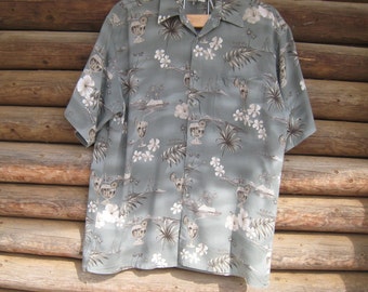 Men's Hawaiian Shirt/Pierre Cardin/Sage Green/ Tropical Print,/Size L/ Rayon/ Vacation Wear