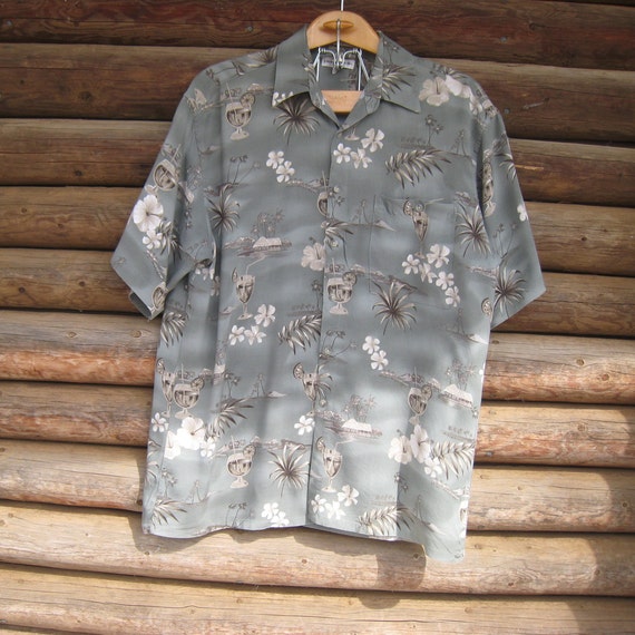 Mens Hawaiian Shirt, Pierre Cardin, Sage Green, T… - image 1
