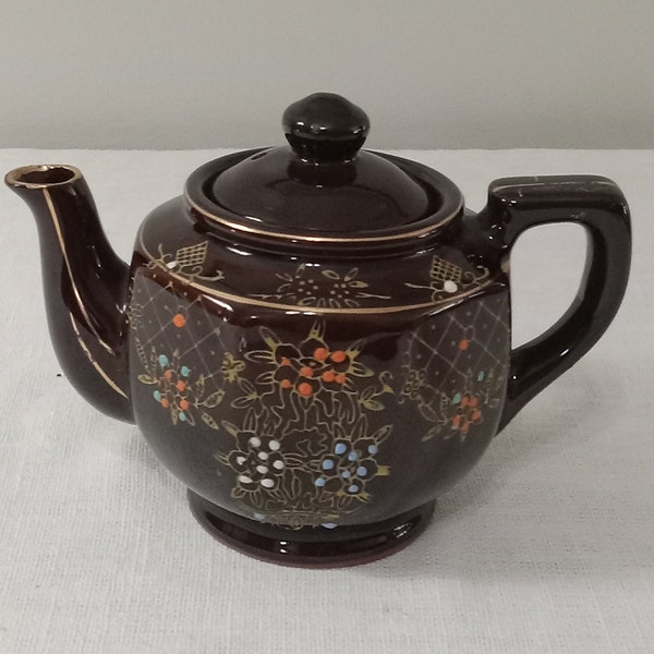 Moriage Redware Tea Pot/Small 8 oz. Tea pot and Lid/Brown with Gold Accents Colorful Raised Flowers/Tea Party