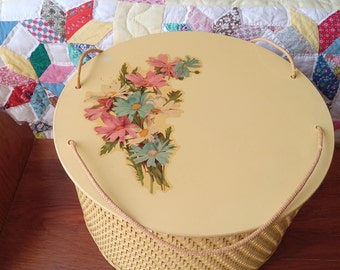 Sewing Basket/Princess Yellow Wicker Basket/Cord Handles,. Spool Holder/Countrycore Style/Floral Bouquet Design