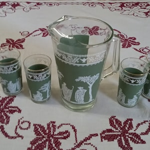 Jeanette Glass/Pitcher & 4 Glasses/Jasperware Green Wedgewood/ Hellenistic Grecian 1960's
