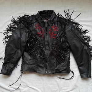 Leather Jacket Fringed Motorcycle Jacket/Black with Red Roses/ Size XXL/Zip-Out Liner/Vintage Statement Jacket
