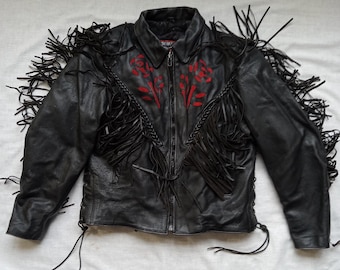 Leather Jacket Fringed Motorcycle Jacket/black With Red Roses
