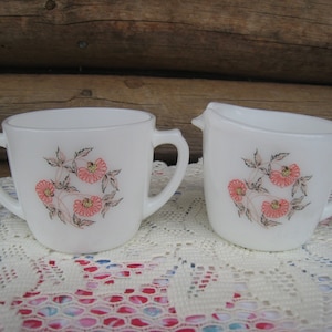 Fire King Fleurette, Sugar and Creamer, Anchor Hocking, Milk Glass , Pink Flowers, 1960&#39;s