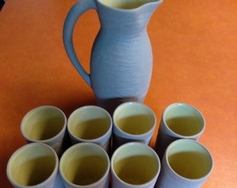 Pigeon Forge Pottery/Set of large Ewer Pitcher and Eight Tumblers/Textured Gray Clay Outside, Citrate Yellow Glazed Insides/ Mid-Century