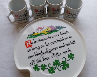 St Patrick's Day Party Dishes/4 Ceramic Mugs 7 Plastic Plates/Vintage Funny Irish Saying