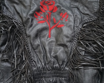 Leather Jacket Fringed Motorcycle Jacket/black With Red Roses