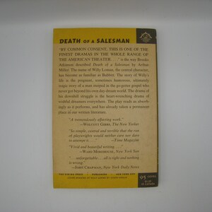 May include: A vintage paperback book cover for the play "Death of a Salesman" by Arthur Miller. The cover features a yellow background with black text and a red and white compass graphic. The text includes quotes from critics about the play, including "A tremendously affecting work." and "So simple, central and terrible that the run of playwrights would neither care nor dare to attempt it..."