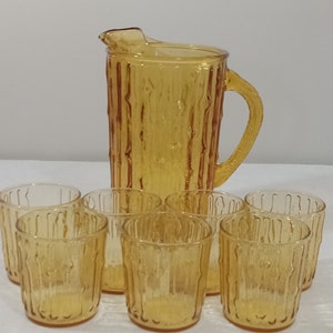 Pitcher & 7 Short Bar Glasses/Bamboo Taki Yellow Beverage Set/Mid Century Glassware/Anchor Hocking