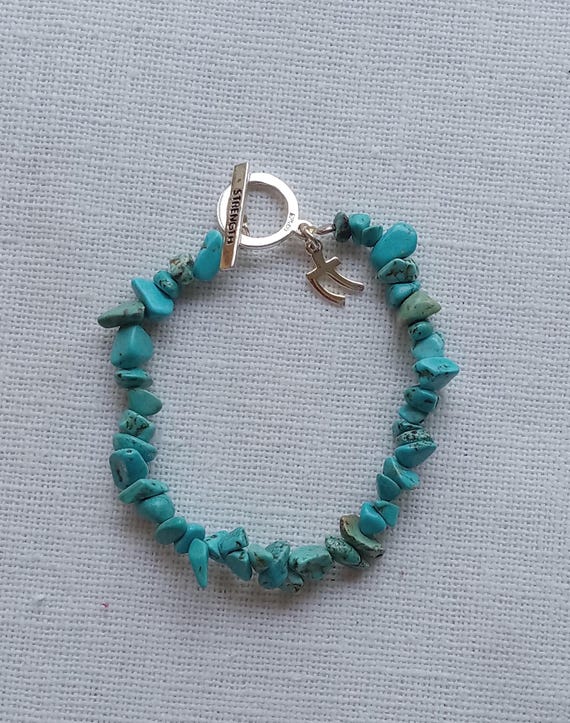 Sterling & Chunk Turquoise Bracelet/Stretchy With Clasp/Strength Charm/Southwest Style