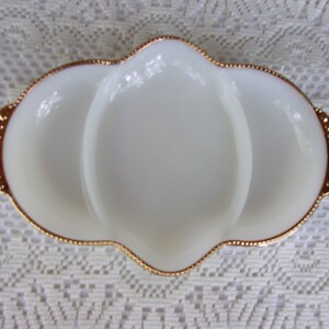Fire King, White Milk Glass, Triple Section, Gold Trimmed Relish Dish ,Collectible Glass
