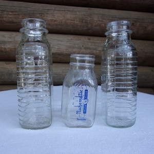 Trio of Vintage Glass Baby Bottles, Two Ribbed 8 oz., 1 Nursmatic 4 oz., ThreadedTops, Baby Shower Decor, 1953