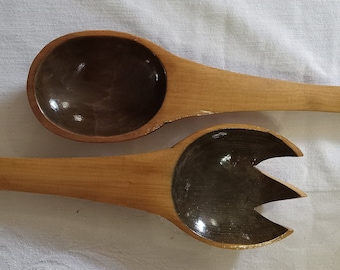 Salad Server Fork & Spoon/Wood Set/Mid-Century/Monkey Pod Wood/Two Toned/Entertainment