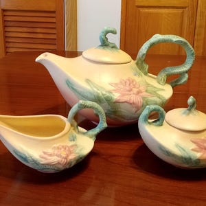 Hull Pottery Tea Set/Woodland Pattern/Tea Pot, Sugar Bowl, Creamer/MCM Collectable/Cottagecore/Gift for Her, Bff, Mom