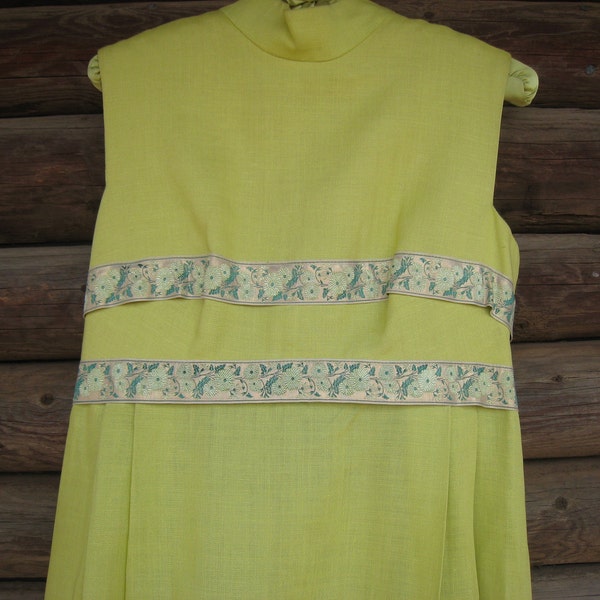 Robe formelle élégante des années 1960/vert citron/tresse décorative autour de la taille/mariage/bal de promo/ garden-party/sans ourlet