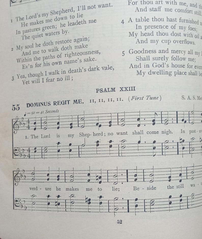 May include: A page from a hymnal featuring the text of Psalm XXIII and musical notation for the hymn Dominus Regit Me. The printed page includes lyrics such as The Lord's my Shepherd, I'll not want, musical staves with notes, and the page number 52.
