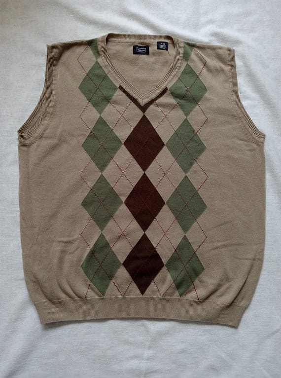 Y2K Haggar Argyle Men's Tan Sweater Vest/sage Green Brown/size Xl