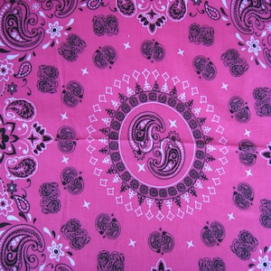 May include: Pink bandana with a black and white paisley pattern. The bandana has a central circle with a repeating pattern of diamonds and stars.
