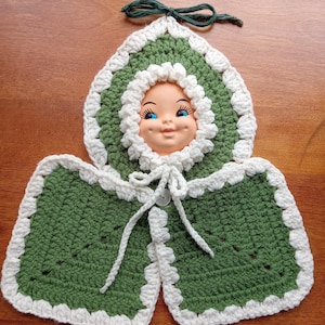 Doll Face Vintage Pot Holders/Crocheted Pot Holders 1970&#39;s Avocado Green/Grannycore Décor
