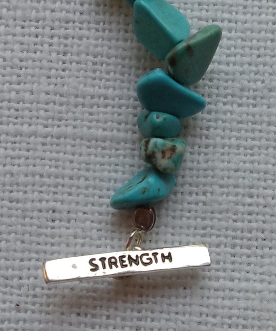 Sterling & Chunk Turquoise Bracelet/Stretchy With Clasp/Strength Charm/Southwest Style View 3