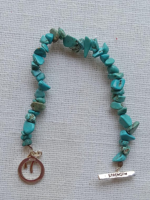 Sterling & Chunk Turquoise Bracelet/Stretchy With Clasp/Strength Charm/Southwest Style View 2