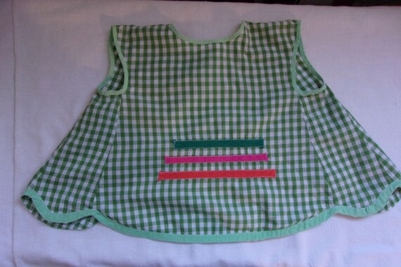 Gingham Green White Checkered Vintage Childs Apro… - image 1