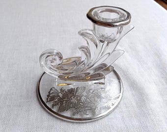 Fostoria Silver Overlay Crystal Candle Holder/Flanders Poppy Design/1960's