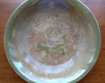 Vintage Ironstone Bowl/Rose /Muted Green Pink and Brown/Shinny Glaze/Beautiful Display Piece/Country Core/Chipped