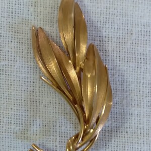 May include: A gold-toned brooch in the shape of a stylized leaf cluster. The leaves are arranged in a swirling pattern and are connected at the base.