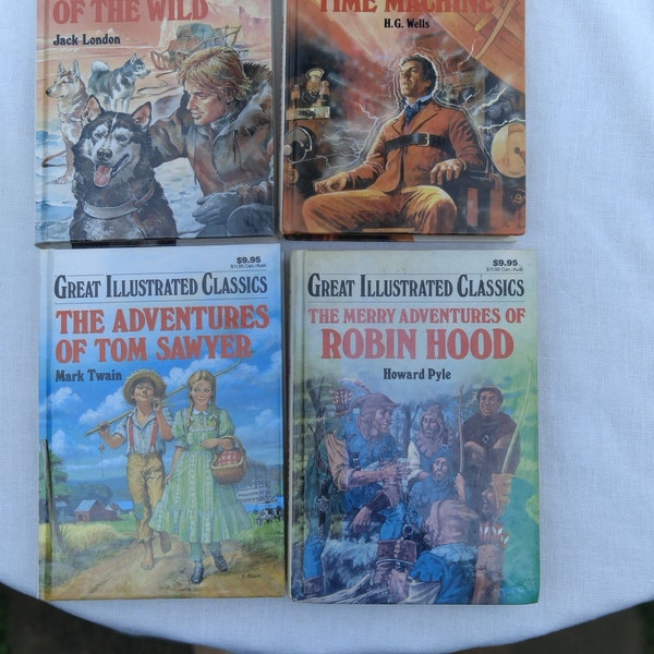 Childers's Book Set/Great Illustrated Classics/Set of 4/Robin Hood,Time Machine,Tom Sawyer,The Call of The Wild/Hardbound Books/Abridged