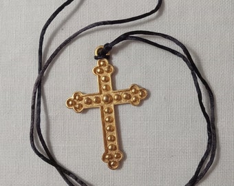 Cross Pendant/Gold Tone Cast Metal/Necklace on Black Satin Cord/Christmas Gift/Christian Cross