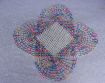 Crochet Doily, Vintage Variegated Pastel Edged, White Net Center, Handmade Home Decor