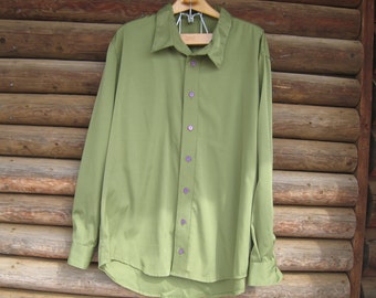 One of a Kind, Mens Olive Green Homemade Shirt, Purple Buttons, Long Sleeves, Large Size, Unisex, Long Shirt-tail