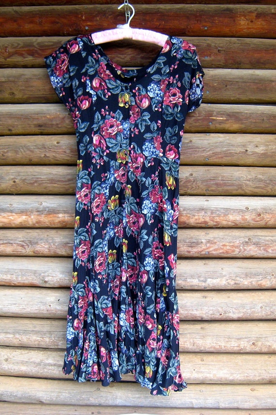 Floral Print Rayon Dress, 1990's, Trumpet Swirl Sk