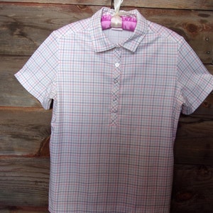 Retro Polo Shirt, Vintage Plaid, Graff, Polyester Cream Orange Blue Brown, Summer Top