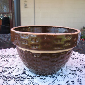 Yellow-ware Bowl/Vintage Pottery Mixing Bowl/Brown Bowl