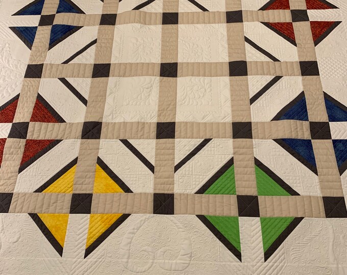 Geometric Lap Quilt Primary Colors Elaborate Quilting Throw Etsy